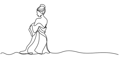 Woman after shower one line drawing on white isolated background, Happy woman in a towel after taking a bath with an imaginary crown. Self care and self love concept. Hand drawn continuous line style 