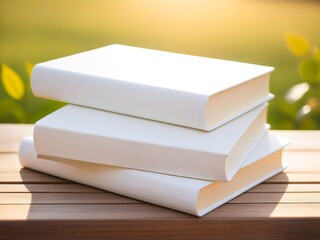 Three white books are stacked on a wooden surface, with a blurred green background.