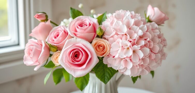 Delicate pastel roses & hydrangeas in a vintage vase, soft light, pretty, rustic