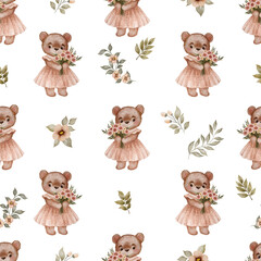 Seamless watercolor pattern featuring a cute bear holding a bouquet of flowers in a whimsical style on a white background. Playful and charming, perfect for textiles, wallpapers, kids' designs