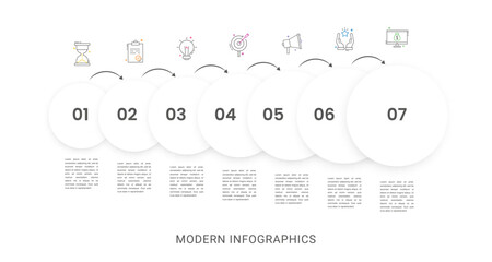 Business vector infographics with 7 circles and arrows. Timeline visualization with seven steps for diagram, flowchart, banner, presentations, web, content, levels, chart, graphic