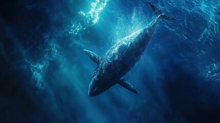 Obraz premium Majestic blue whale gracefully swimming through sunlit ocean depths panorama