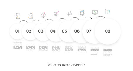Business vector infographics with 8 circles and arrows. Timeline visualization with eight steps for diagram, flowchart, banner, presentations, web, content, levels, chart, graphic