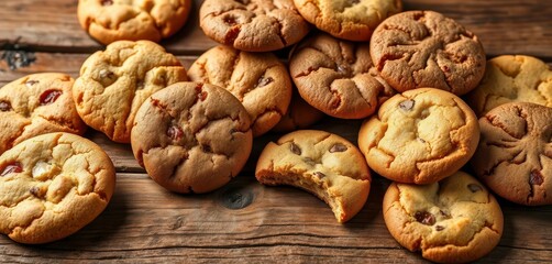 Delicious freshly baked assorted cookies on a rustic wooden table, warm, crumbly