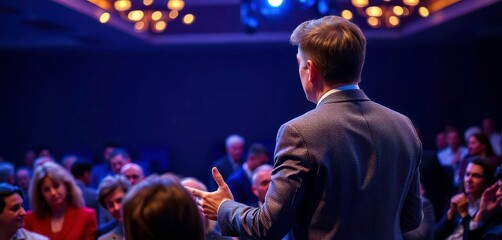 Distinguished couple addressing corporate audience, empowerment,  suit