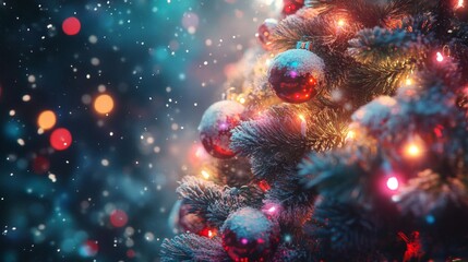 Fototapeta premium Closeup of a Snowy Christmas Tree with Red Ornaments and Warm Lights