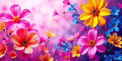 Dreamy abstract digital illustration of bright pink, yellow, and blue flowers , yellow, blossom