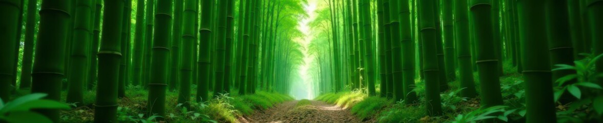 Obraz premium Dense bamboo grove, path disappearing into green depths , oriental, deep, plants