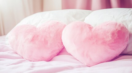 Two pink heart-shaped pillows resting on a neatly made bed against a soft pastel-colored wall, creating a cozy and romantic atmosphere.