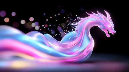 Pixelated Dragon Breathing Neon Fire, Wings, Glowing Colorful Design