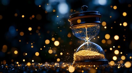Vintage hourglass with glowing golden sand against dark background with magical bokeh lights and sparkles creating mystical atmosphere.