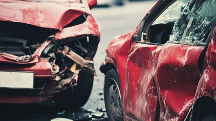 Close-up view of two damaged cars after a road traffic accident, showing collision impact and vehicle damage on the street.