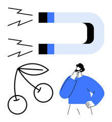 Magnet emitting waves, cherries, and a thinking person evoke ideas of attraction, influence, decision-making, and temptation. Ideal for themes of psychology, strategy, persuasion marketing
