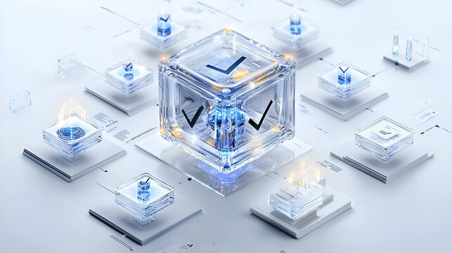 Abstract 3D Cube with Glowing Checkmarks on White Platform