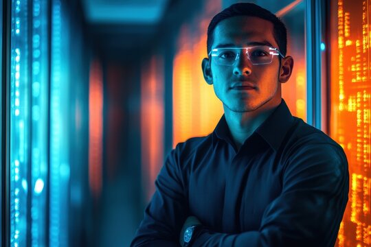 Modern Hispanic Male IT Specialist Monitoring Cloud Network in Futuristic Server Room