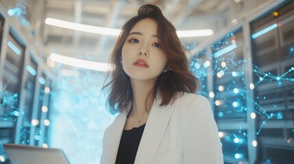 Digital Security Expert Asian Female IT Engineer Analyzing Cyber Data in Futuristic Server Room