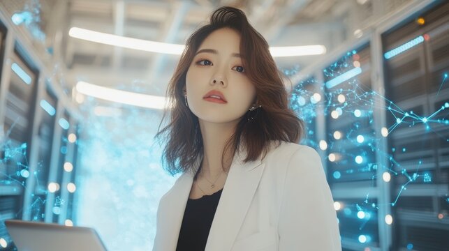 Digital Security Expert Asian Female IT Engineer Analyzing Cyber Data in Futuristic Server Room