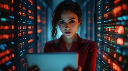 Innovative South Asian Female Data Analyst Monitoring Real-Time Data Flow in Modern Server Room