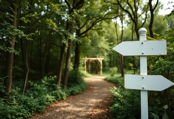 Elegant white arrow signs point the way through a lush, green wooded wedding venue, bridal, woodland