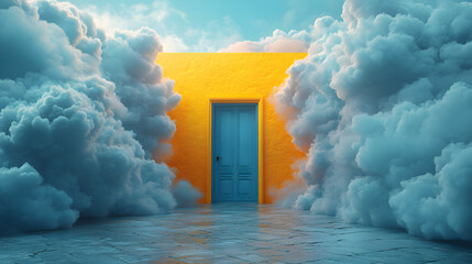 A blue door is in front of a yellow wall
