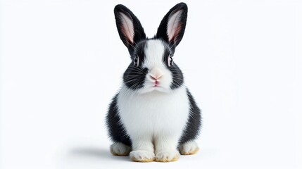 Fototapeta premium Charming close-up of a fluffy black and white bunny, perfect for pet-related promotions, Easter designs, or children's products, evoking cuteness and innocence.