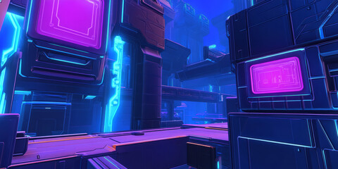 A sci-fi 3D background displaying a robotic cityscape with towering skyscrapers adorned with glowing holographic signs. The neon blues and purples contrast with the sleek metallic surfaces, creating a