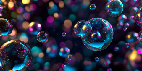 Naklejka premium A hypnotic 3D background featuring an array of iridescent bubbles floating in a dark void. The shifting colors reflect neon lights, creating a dreamy, futuristic atmosphere full of movement and depth.