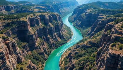 Emerald river carves deep canyon, aerial view, pristine, flowing