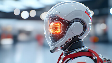 Fototapeta premium Close Up Profile of a Futuristic Cyborg with Transparent Helmet and Glowing Orange Core