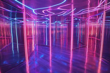 A surreal sci-fi infinity mirror chamber 3D background room where reflections stretch endlessly, neon light trails dance across the walls, and gravity appears distorted. The environment feels like a