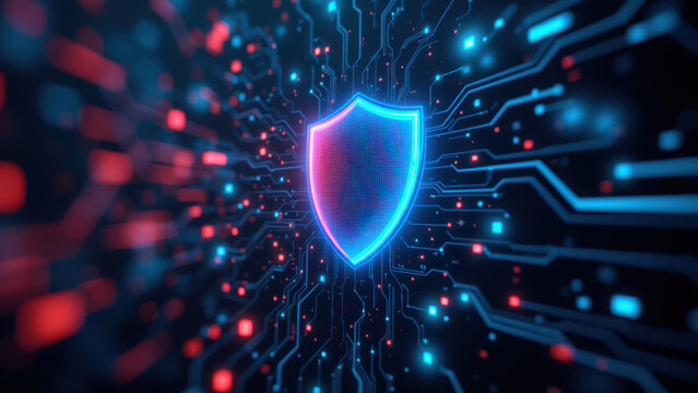 A futuristic depiction of a cyber shield amidst digital circuitry against a dark backdrop, representing cybersecurity and protection.