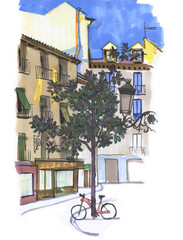 Obraz premium Spanish street. Sunny day, houses, windows, balconies, tree, bicycle. Cute and cozy hand drawn sketchy style markers illustration. European landmark, tourist attraction. Madrid, capital of Spain.