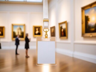 An art gallery with people admiring paintings, featuring a white lanyard with a blank card attached to a gold buckle.