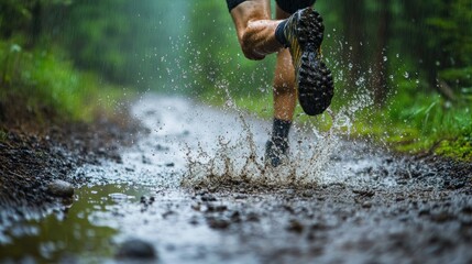 Trail runner splashing through puddles, a dynamic nature scene in motion