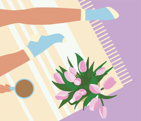 Woman legs on the floor up view flat style with bouquet and cup of tea, coffee or cocoa