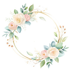 Naklejka premium Sophisticated hand-drawn watercolor wedding logo with a soft, modern touch, featuring pastel florals, eucalyptus leaves, and refined gold-foil accents.