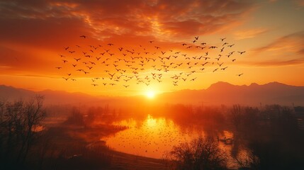 Naklejka premium Birds flying in V-formation over lake at sunrise.