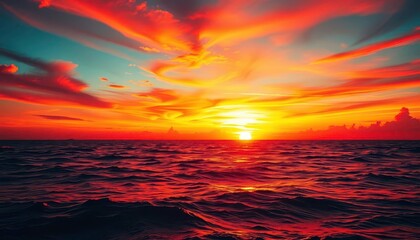 Fiery sunset paints the ocean in vibrant hues, reflecting dazzling colors, idyllic, breathtaking