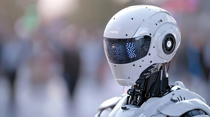 Fototapeta premium Closeup of a White Cyborg Police Officer Patrolling in a Blurred Urban Setting