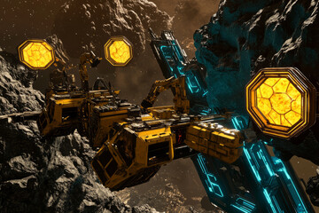A deep-space mining station where robotic drills extract rare minerals from floating hexagonal asteroids. The glowing energy fields, high-tech excavation equipment, and AI-controlled extraction
