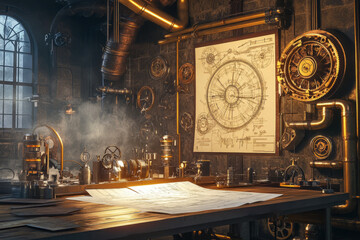 A grand steampunk inventor&acirc;&euro;&trade;s workshop 3D background room with brass gears turning on the walls, large mechanical blueprints spread across a wooden table, and intricate clockwork devices emitting a