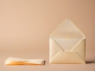 An open envelope with a blank card inside sits on a light beige background, accompanied by a folded card.