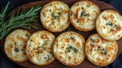 Baked cheese rounds with herbs on wooden board