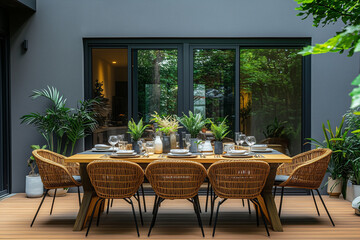 Obraz premium A modern dining table set up on the terrace