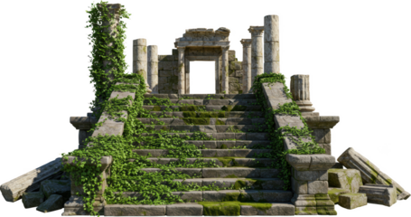 Ancient Stone Ruins Staircase Overgrown with Lush Green Ivy and Moss