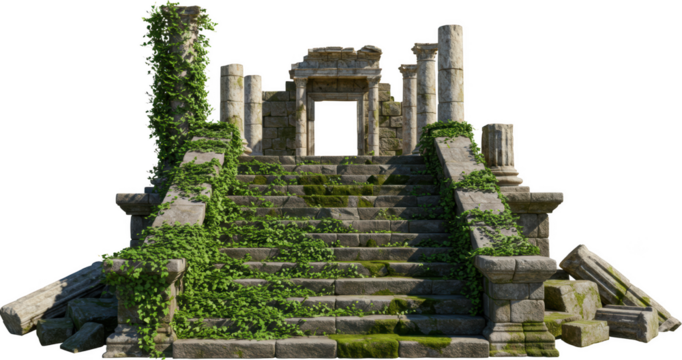 Ancient Stone Ruins Staircase Overgrown with Lush Green Ivy and Moss
