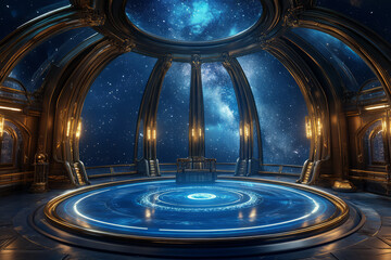 Obraz premium A grand celestial observatory 3D background room with a massive glass dome revealing the night sky, floating holographic constellations, and intricate brass telescopes positioned around the circular