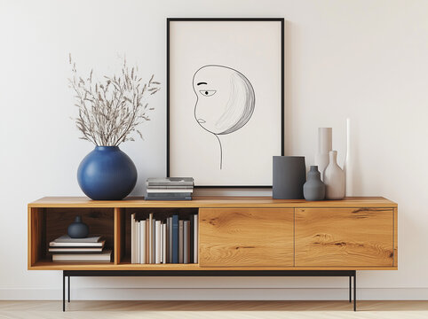 Fototapeta Abstract colorful geometric poster in a frame on a wall in living room