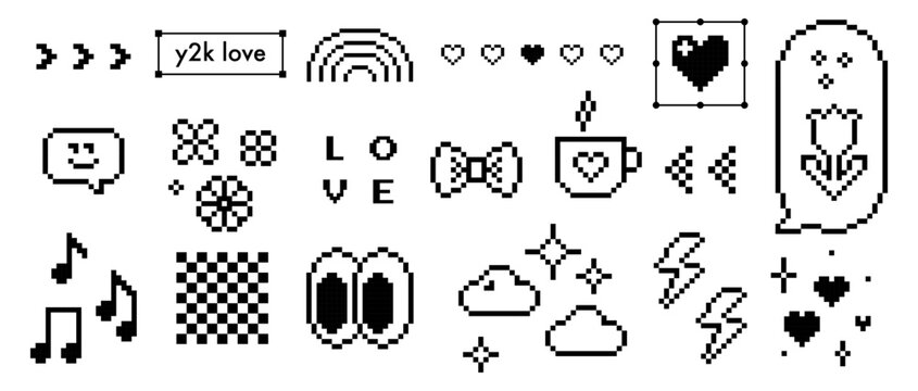 Pixel art black game abstract elements set. Y2k trendy collage stickers. Look eyes, smile face, heart and cool icon pack. Mood of 90's. 8-bit retro style vector illustration. Simple geometric shape - Powered by Adobe
