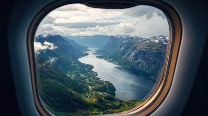 Naklejka premium Aerial view of a stunning landscape seen through an airplane window.